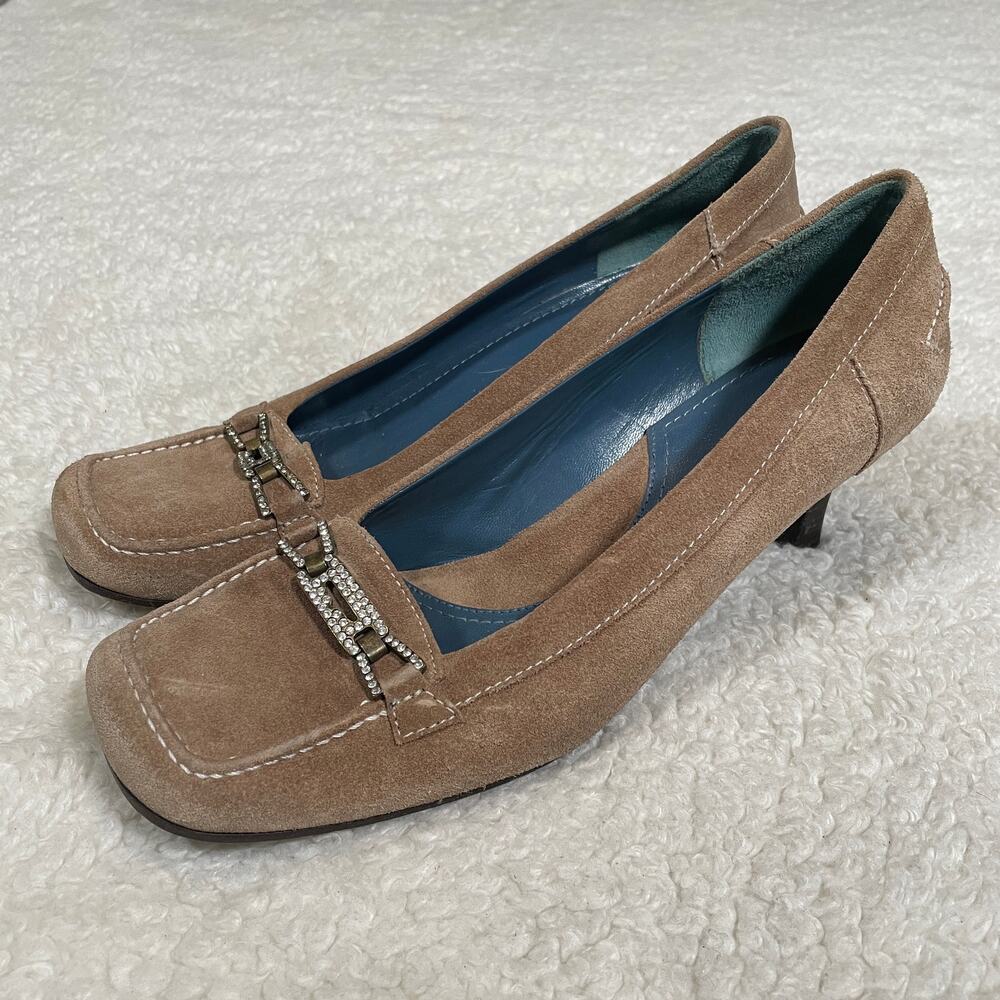 Via Spiga Suede Rhinestone‎ Embellished Pumps Beige Tan Square Toe 7.5